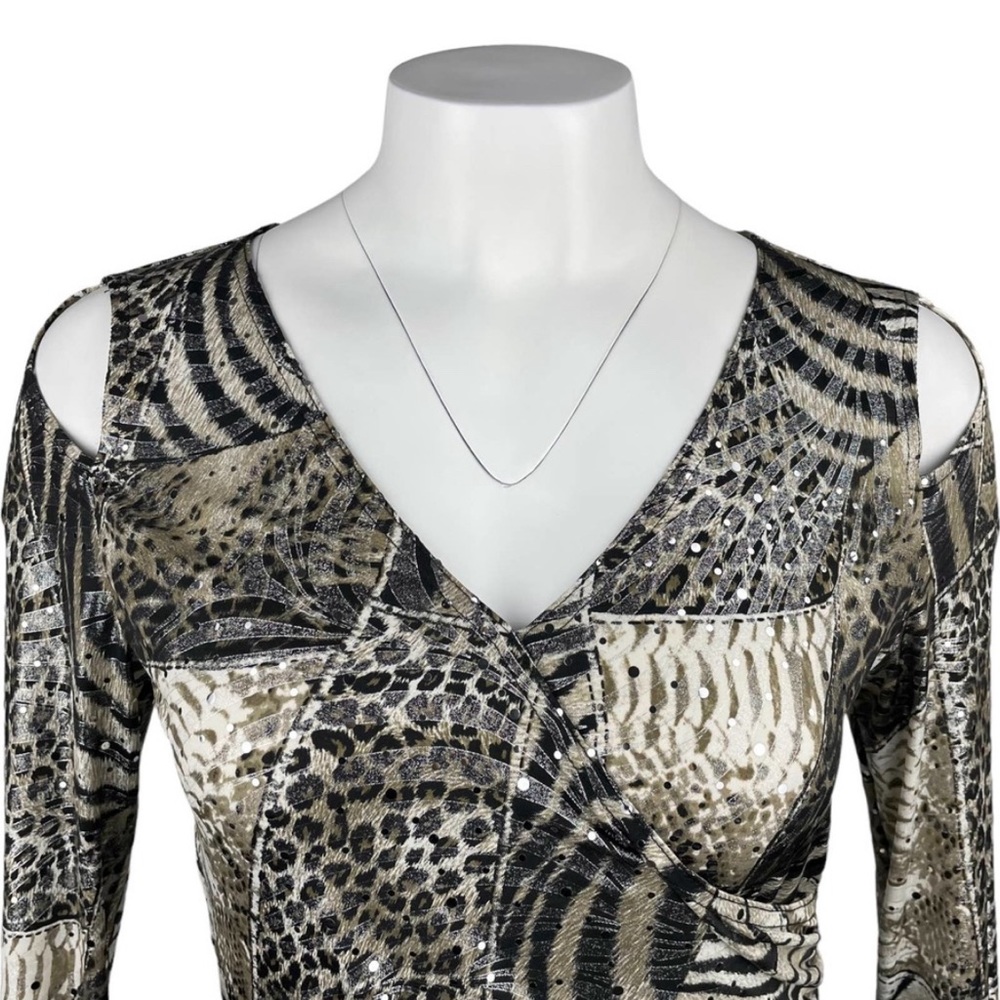 JOSEPH RIBKOFF Sequins Leather Print Cold Shoulder Blouse Sz 8